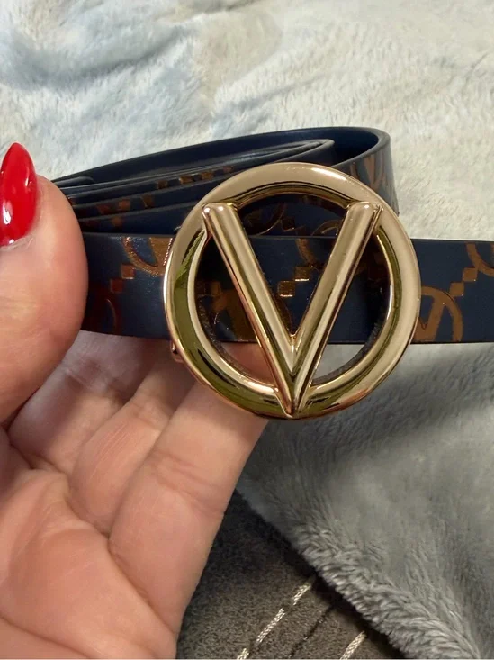 Valentino Gold V Logo Buckle Leather Belt - Black with Brown Pattern